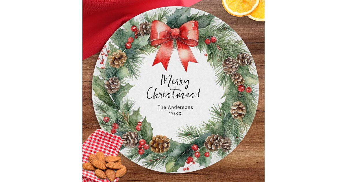 Rustic Watercolor Wreath Merry Christmas Cutting Board | Zazzle