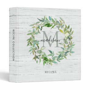 Rustic Watercolor Wreath Monogram Kitchen Recipe 3 Ring Binder