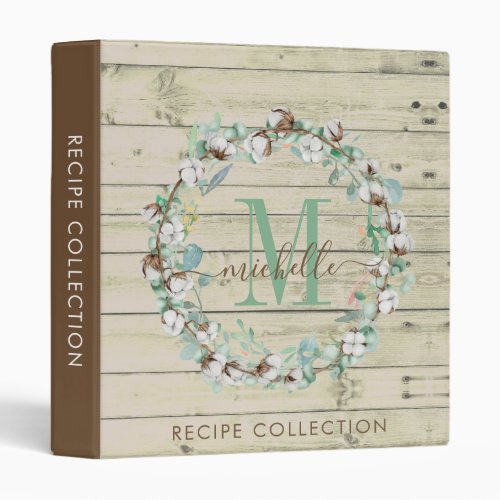 Rustic Watercolor Wreath Monogram Kitchen Recipe  3 Ring Binder