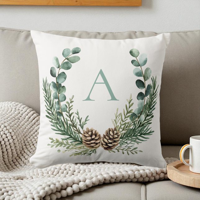 Rustic Watercolor Wreath Personalized Christmas Throw Pillow (Rustic Watercolor Wreath Personalized Christmas Throw Pillow)