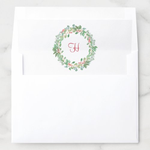 Rustic Watercolor Wreath Red Monogram Christmas Envelope Liner