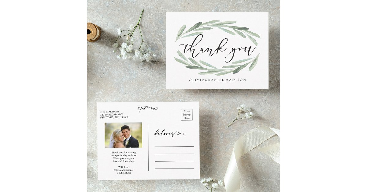 Rustic Watercolor Wreath Wedding Thank You Photo Postcard | Zazzle