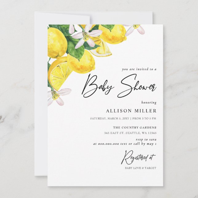 Rustic Watercolor Yellow Lemon Baby Shower Invitation (Front)