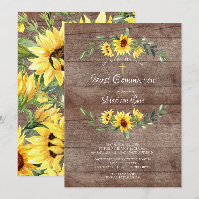 Rustic Watercolor Yellow Sunflower First Communion Invitation (Front/Back)