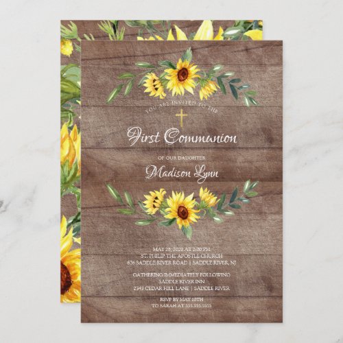 Rustic Watercolor Yellow Sunflower First Communion Invitation