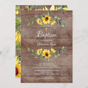 Rustic Watercolor Yellow Sunflowers Baptism Invitation