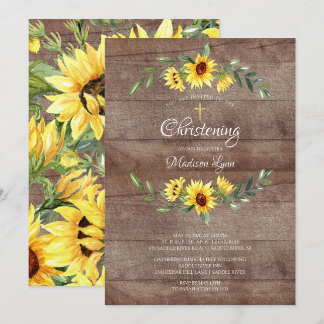 Rustic Watercolor Yellow Sunflowers Christening Invitation (Front/Back)
