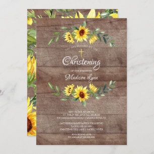 Rustic Watercolor Yellow Sunflowers Christening Invitation