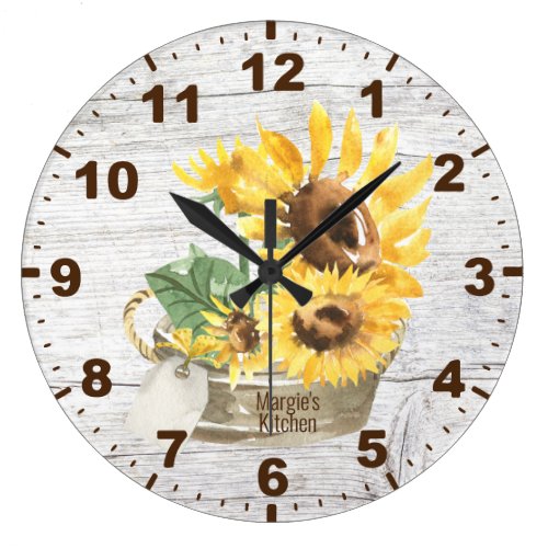 Rustic Watercolor Yellow Sunflowers Monogram Large Clock