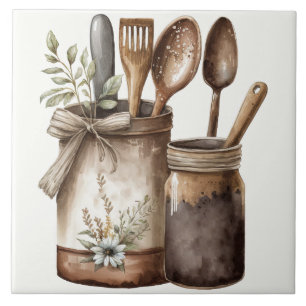 Rustic Watercolors Fatmhouse Utensils Ceramic Tile