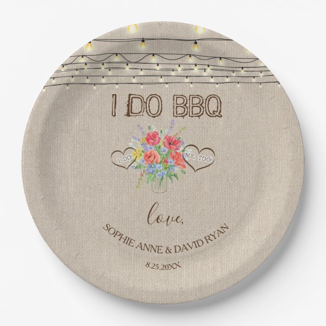 Rustic Watercolour Meadow Wild Flowers I DO BBQ Paper Plates (Front)