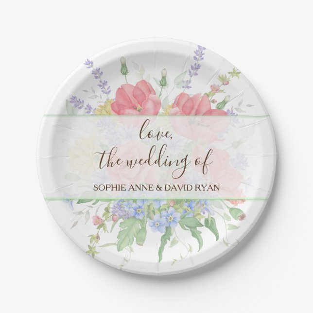 Rustic Watercolour Meadow Wild Flowers Wedding Paper Plates (Front)