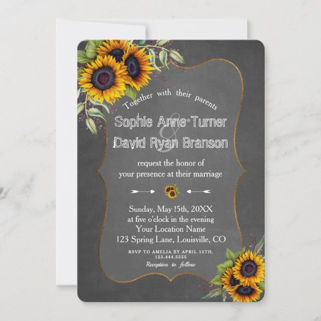 Rustic Watercolour Sunflowers Chalkboard Wedding Invitation (Front)