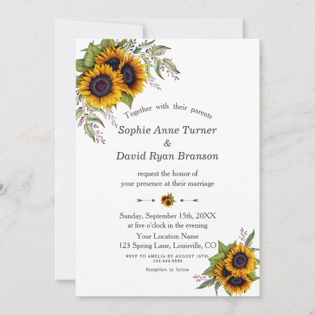 Rustic Watercolour Sunflowers Corners Wedding Invitation (Front)