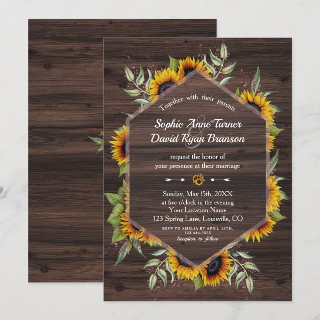 Rustic Watercolour Sunflowers Wood Wedding Invitation (Front/Back)