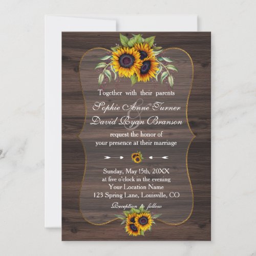 Rustic Watercolour Sunflowers Wood Wedding Invitation