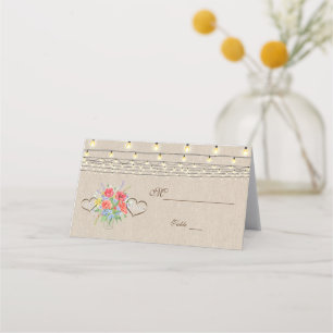 Rustic Watercolour Wild Flowers Burlap Place Card