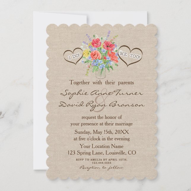 Rustic Watercolour Wild Flowers Linen Wedding Invitation (Front)