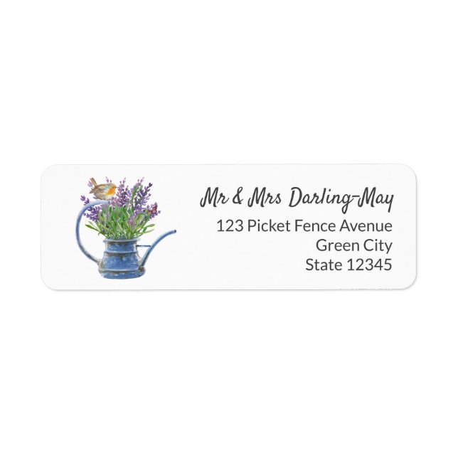 Rustic Watering Can Robin Lavender Return Address Label (Front)