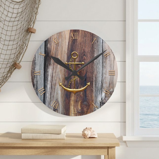 Rustic Weather Wood Nautical Anchor Wall Clock (Nautical wall clock featuring a golden anchor and roman numbers (optional) on rustic driftwood)