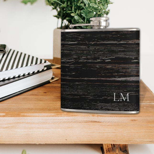 Rustic Weathered Black Wood Wedding Monogram Flask (Creator Uploaded)