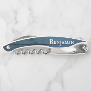 Rustic Weathered Blue Wood Personalized Waiter's Corkscrew