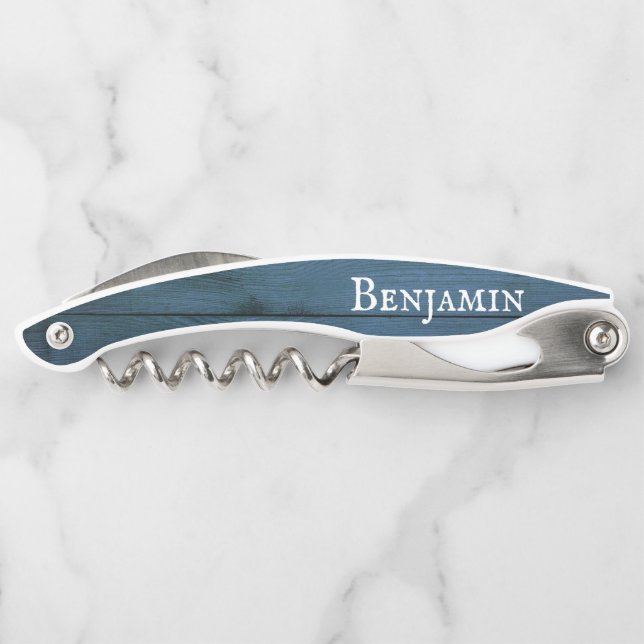 Rustic Weathered Blue Wood Personalized  Waiter's Corkscrew (Back)
