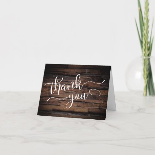 Rustic Weathered Brown Wood Typography Wedding Thank You Card