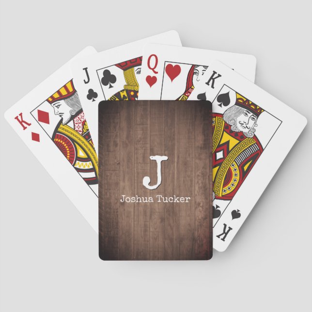 Rustic Weathered Dark Brown Wood Custom Name Poker Cards (Back)