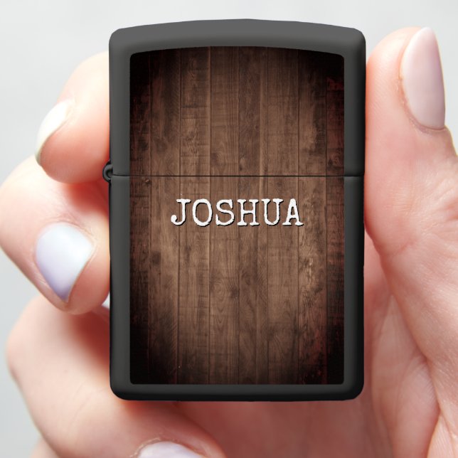 Rustic Weathered Dark Wood Custom Name Zippo Lighter (In Hand)