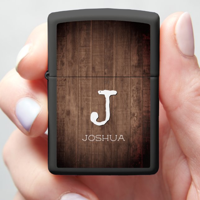 Rustic Weathered Dark Wood Monogram Zippo Lighter (In Hand)