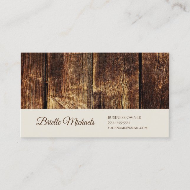 Rustic Weathered Dark Wood Planks Elegant Script Business Card (Front)