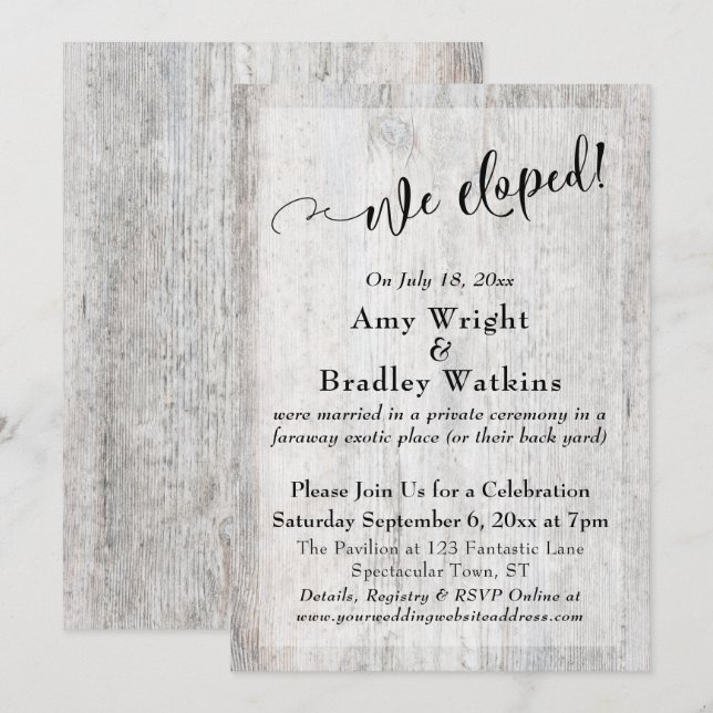 Rustic Weathered Gray Wood We Eloped Celebration Invitation (Front/Back)