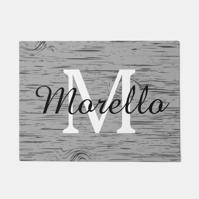 Rustic Weathered Grey Wood Grain Monogrammed Doormat (Front)
