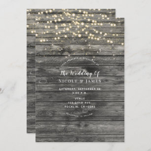 Rustic Weathered Grey Wood String Lights Wedding Invitation