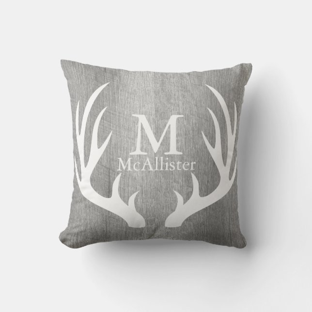 Rustic Weathered Grey Wood White Deer Antlers Throw Pillow (Front)