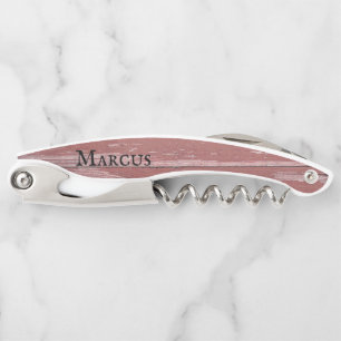 Rustic Weathered Red Wood Personalized Waiter's Co Corkscrew