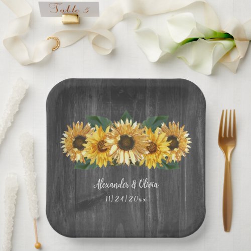 Rustic Weathered Sunflower Wedding Paper Plates