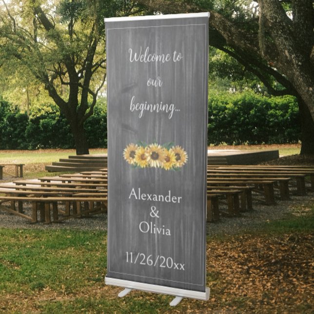 Rustic Weathered Sunflower Wedding Retractable Banner (Rustic Gray Sunflower Wedding Welcome Banner)