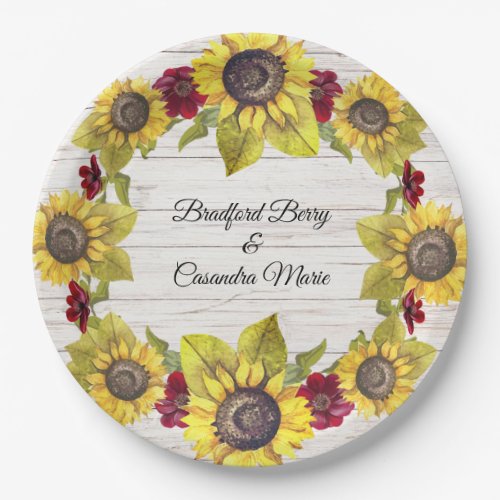 Rustic Weathered White Wood Bride Groom Sunflower  Paper Plates