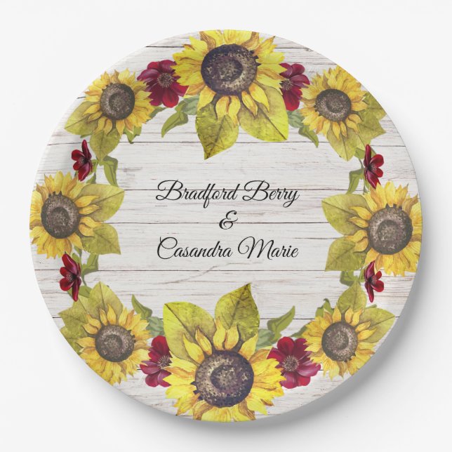 Rustic Weathered White Wood Bride Groom Sunflower  Paper Plates (Front)