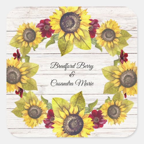 Rustic Weathered White Wood Bride Groom Sunflower  Square Sticker