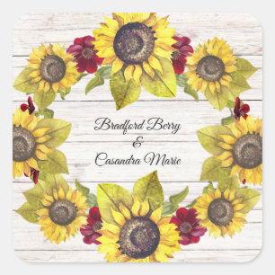 Rustic Weathered White Wood Bride Groom Sunflower Square Sticker