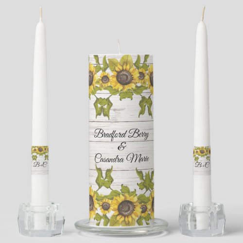 Rustic Weathered White Wood Bride Groom Sunflower Unity Candle Set