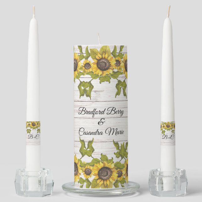 Rustic Weathered White Wood Bride Groom Sunflower Unity Candle Set (Front)