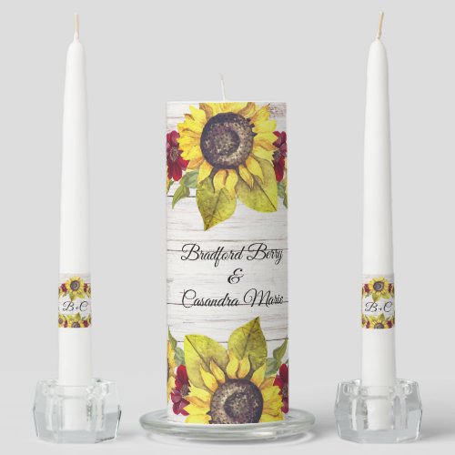 Rustic Weathered White Wood Bride Groom Sunflower Unity Candle Set