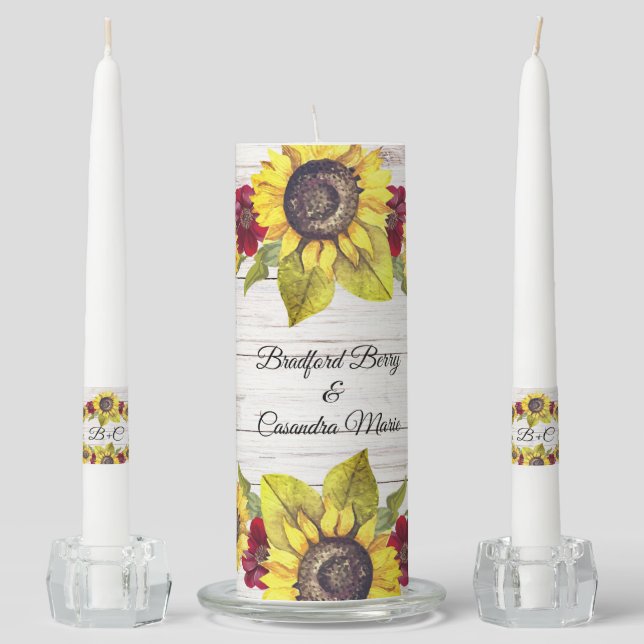 Rustic Weathered White Wood Bride Groom Sunflower Unity Candle Set (Front)