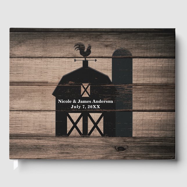Rustic Weathered Wood Black Barn Country Wedding Guest Book (Front)