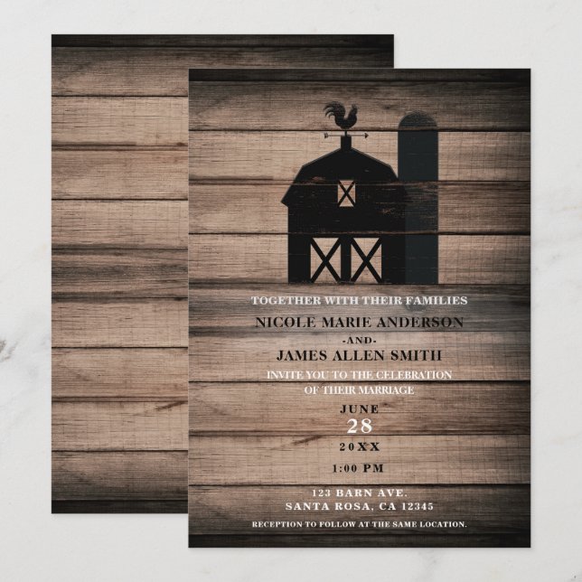 Rustic Weathered Wood Black Barn Country Wedding Invitation (Front/Back)