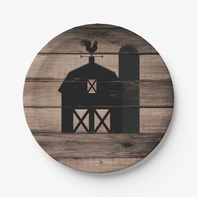 Rustic Weathered Wood Black Barn Country Wedding Paper Plates (Front)
